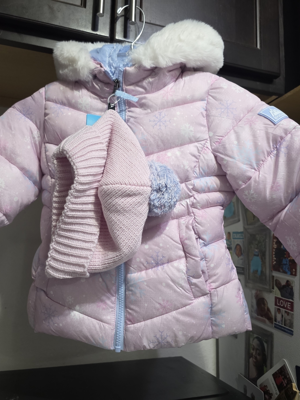 Snozu Pink Snowflake Puffer Jacket with Faux Fur Hood 4T